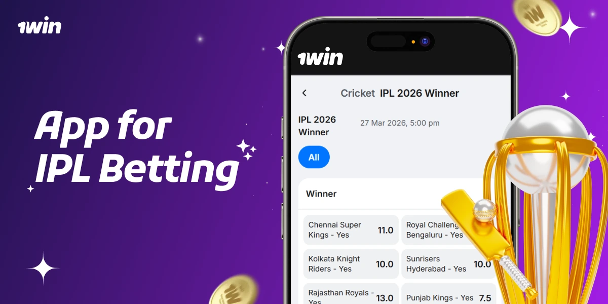 App for IPL Betting card with smartphone showing IPL winner market, gold trophy and betting interface on purple background